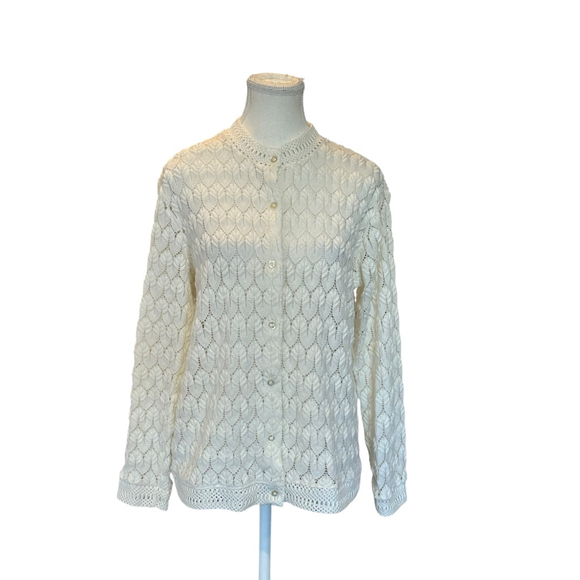 Vintage America Sweaters - 60s Cottagecore crocheted geometric off white cardigan Carol Brent